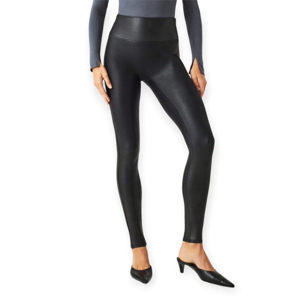 Spanx Faux Leather Leggings Womens S Black Shaping Power Waistband Pants